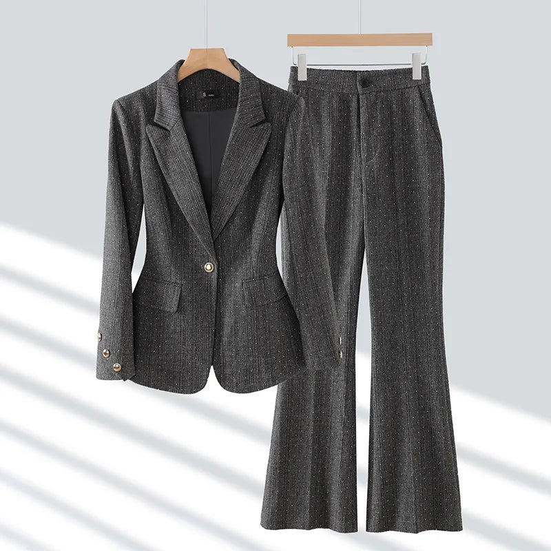 Fashion Women Suits 2024 New Autumn Winter Temprament Business Formal Slim Blazer And Flare Pants Office Ladies Work Wear
