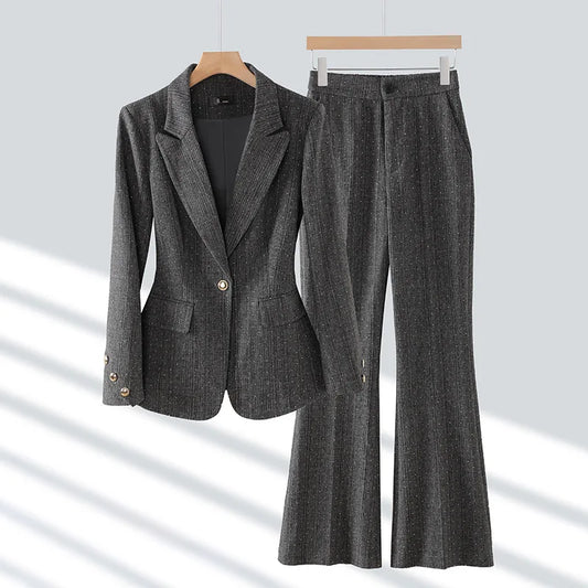 Fashion Women Suits 2024 New Autumn Winter Temprament Business Formal Slim Blazer And Flare Pants Office Ladies Work Wear