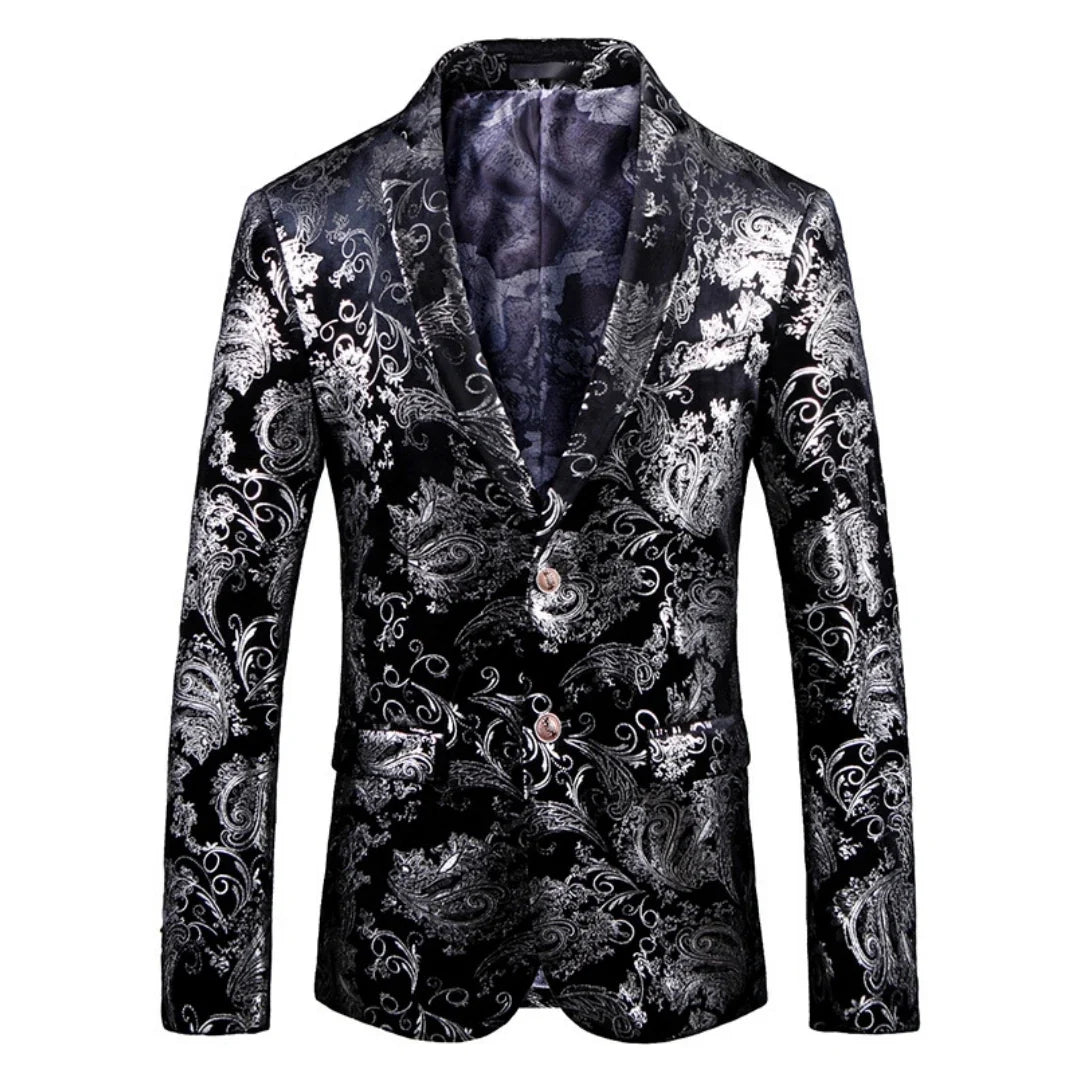 Men's Suit Jacket Black Gold Floral Applique Single Button for Wedding Party Performance