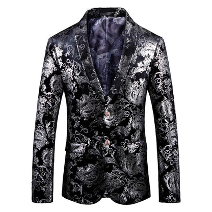 Men's Suit Jacket Black Gold Floral Applique Single Button for Wedding Party Performance
