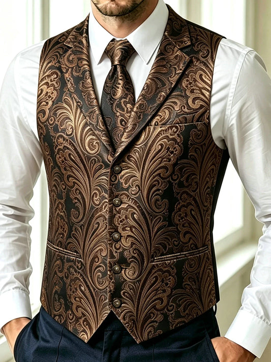Men's Brown Jacquard Floral Vest with Notched Lapel & Bowtie Set – Formal Wedding & Tuxedo Waistcoat
