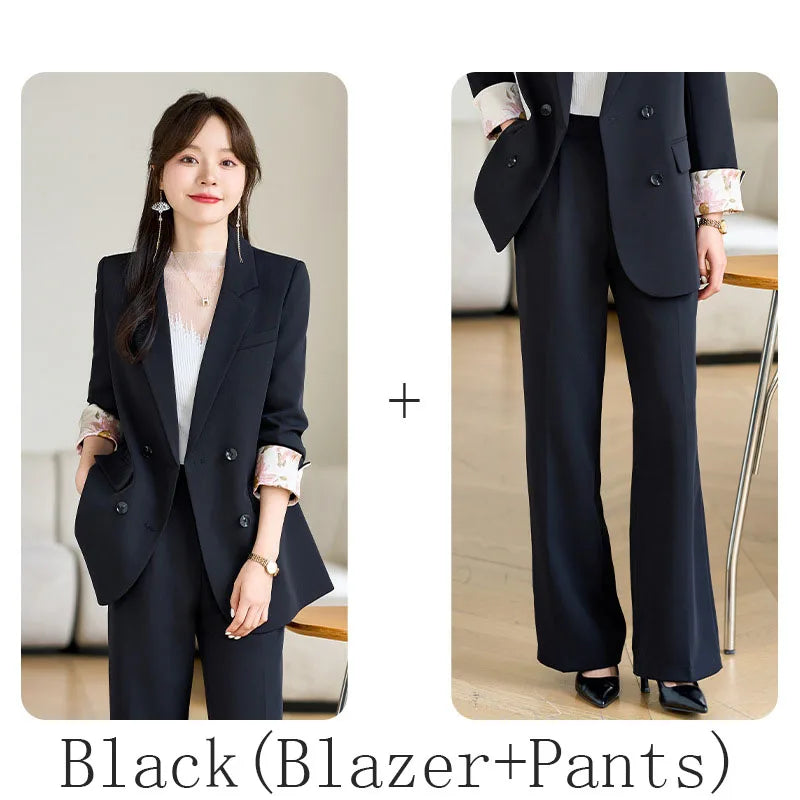 Fashion Elegant Solid Women Blazer Pantsuit Casual Vintage Chic Suit Jackets Wide Leg Pants 2 Pieces Set Female Outfits