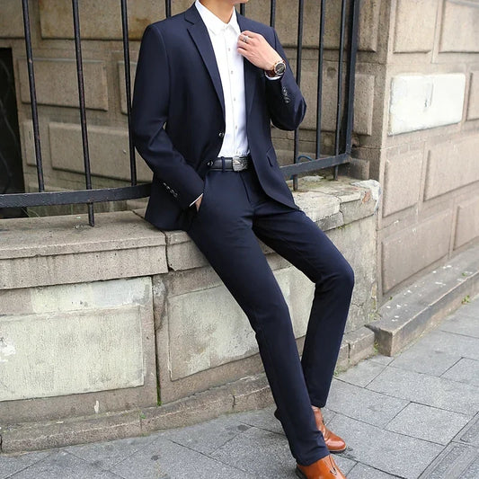 Men's Spring Fashion Solid Color Suit And Pants Two-Piece Set Handsome Wedding Dress Business Tooling All-Match Elegant