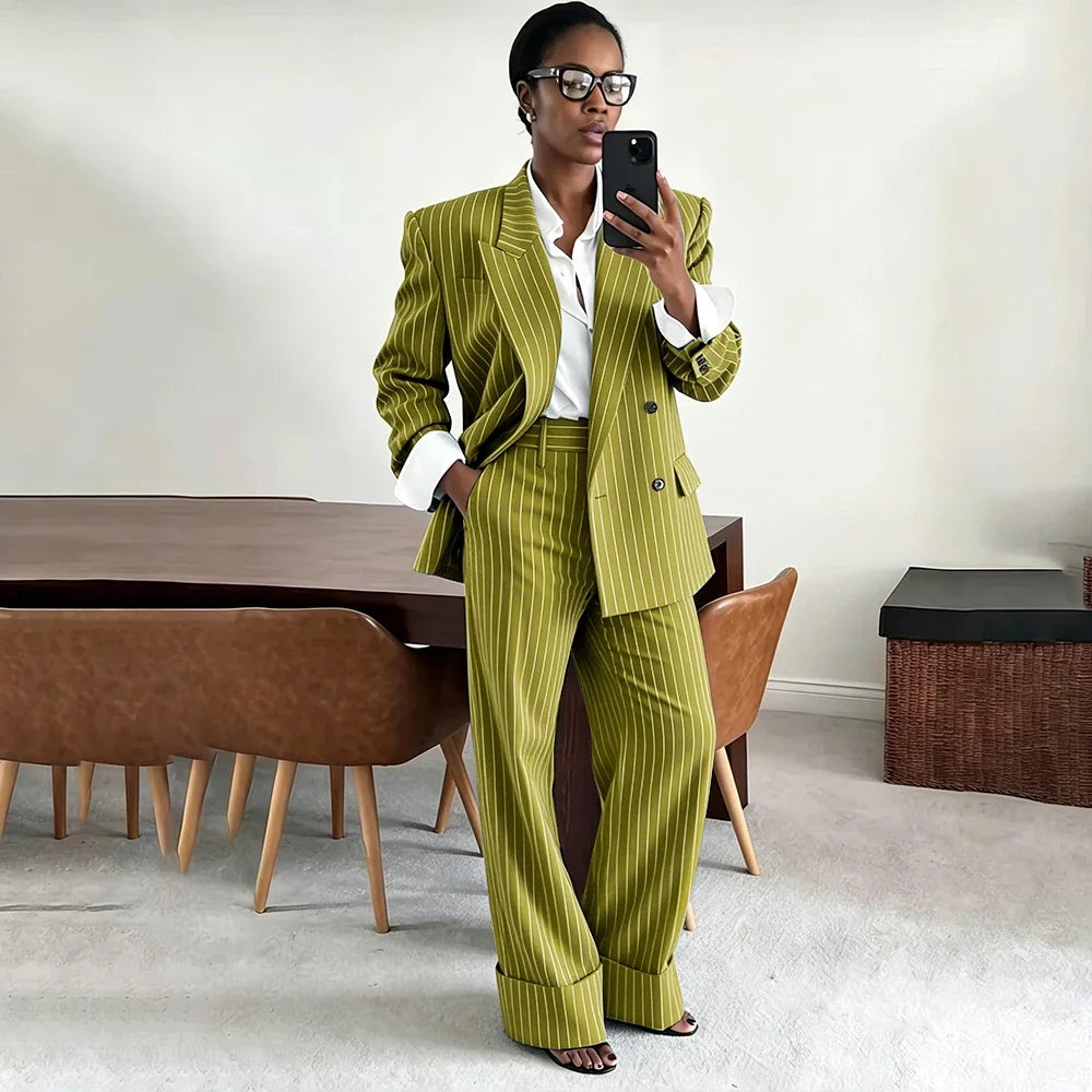 Neutral Gray Pinstripe Oversized Matching Sets Double Breasted Women's Suit Casual Formal 2-Piece(Jacket+Pants) Office Set