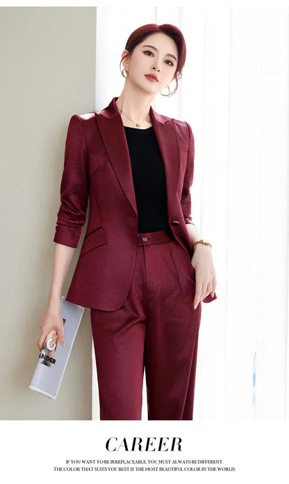 High Quality Women Purplish Red Pant Suit Female Solid Single Button Blazer and Trouser 2 Piece Set For Office Ladies Work Wear