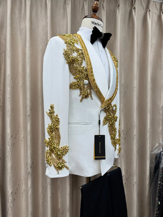 Golden Crystal Men's Suits 2 Pieces Party Prom Wear Handsome Shawl Lapel Man Suit Set Wedding Groom Sets Performance Outfit