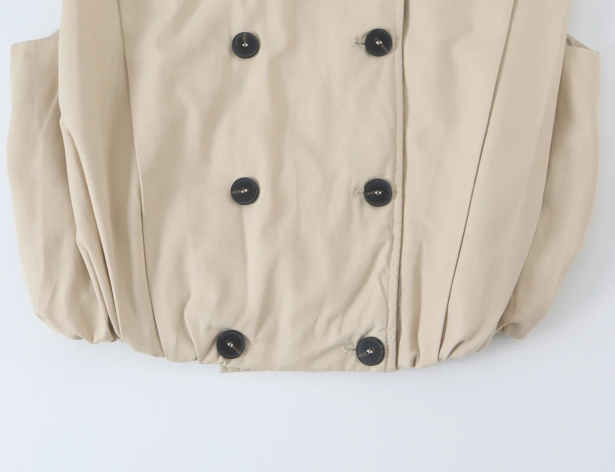 2026 Autumn Women Stand Collar Double Breasted Vest Epaulet Decor Ruched Hem Sleeveless Cropped Waistcoat Casual Outer Top
