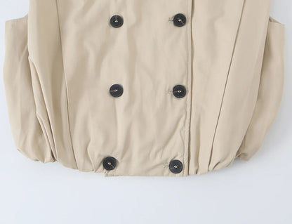 2026 Autumn Women Stand Collar Double Breasted Vest Epaulet Decor Ruched Hem Sleeveless Cropped Waistcoat Casual Outer Top