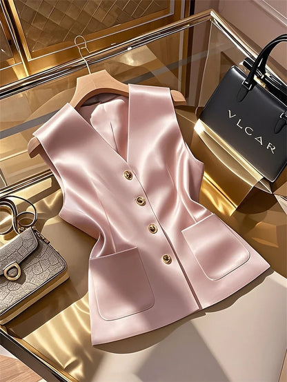 Female Occupation Vest Jacket Korean Ladies Fashion Versatile Blazer Sleeveless Coat Autumn Women Solid Color Suit Waistcoat Top