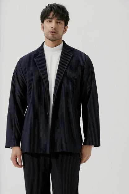 Men's Miyake Pleated Style Blazer Jacket Japanese Casual Stretch Slim Fit Business Office Fashion Luxury Wrinkle Resistant Coat