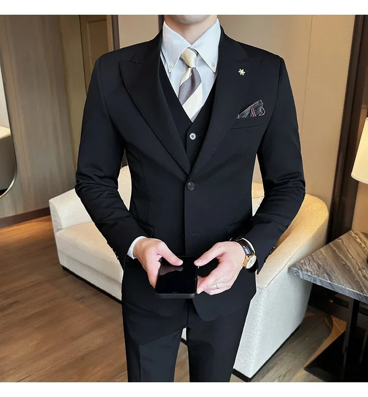 (Blazer + Vest + Trousers) 2024 New Men Formal Business Solid Suit 3 Pieces Set Italian Style Luxury Wedding Social Party Tuxedo