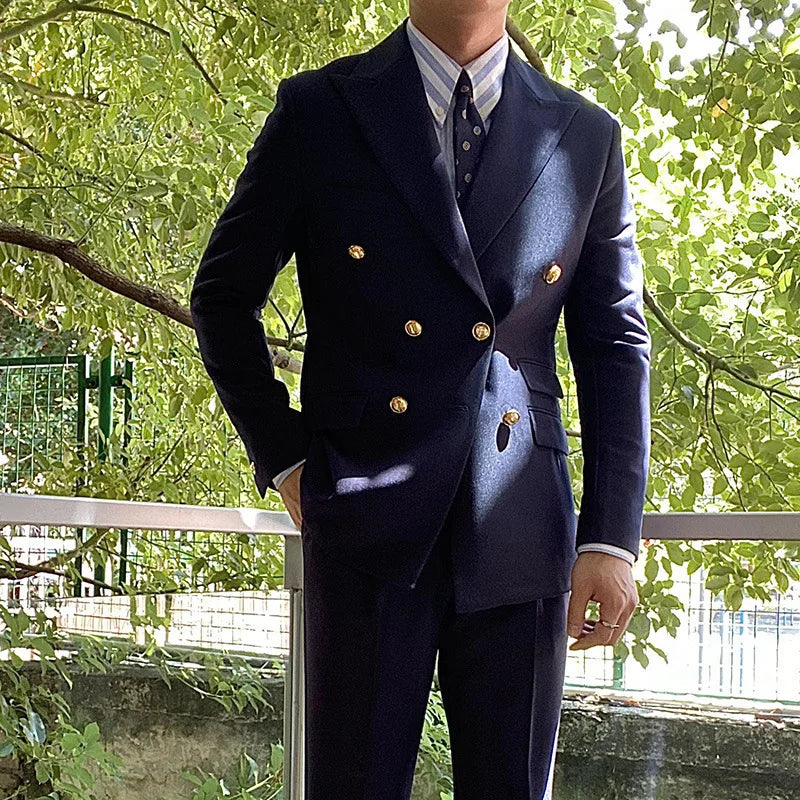 Double Gold Button 1 Piece Navy blue Jacket Wedding Groom Tuxedos Peak Lapel Design Blazer For Men Fashion Custom