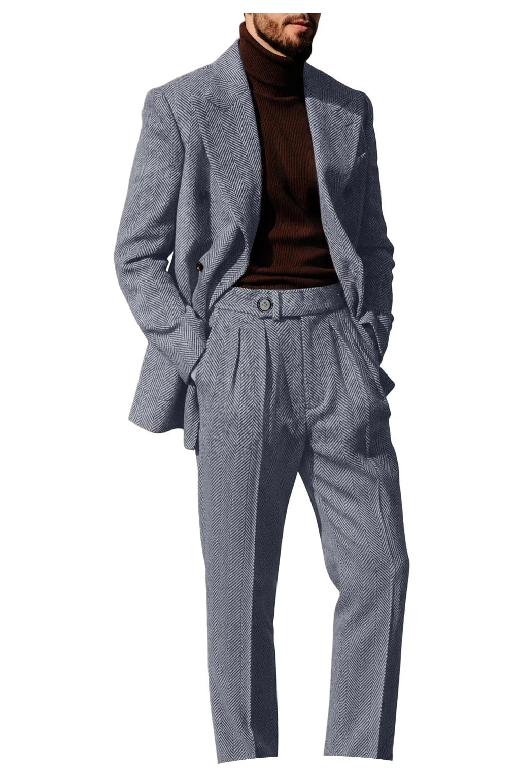 Men's Herringbone Suit 2-Piece Set – Double Breasted Blazer & Trousers for Wedding & Business