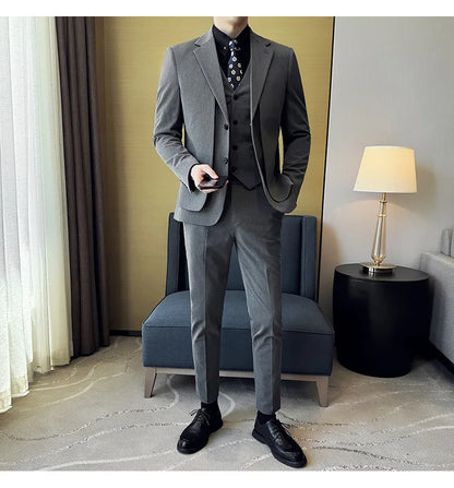 British Style Fake Two-piece Suit Set Men's Wedding Groom Dress 3 Piece Set Suit Vest Trousers Slim Office Business Casual Suits