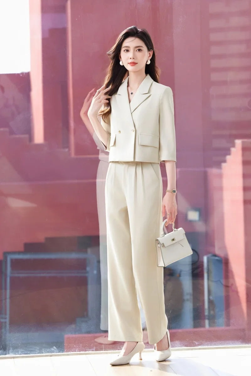 2025 New Fashionable Professional Womens Mid-Sleeve Suit Jacket + Pants. Soft and Comfortable