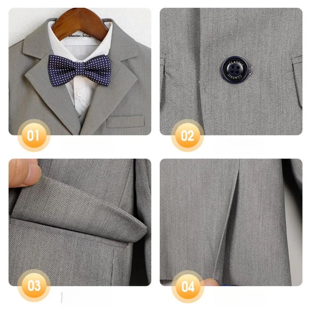 Spring Autumn Children Slim Fit Suit Set Comfortable Boy Suits 4 Pieces jacket Vest Pants Bow-tie School Graduation Ceremony