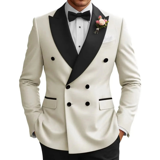 Men's Double Breasted Suit Classic Fit Contrast Peak Lapel Tuxedo Jacket for Wedding Prom