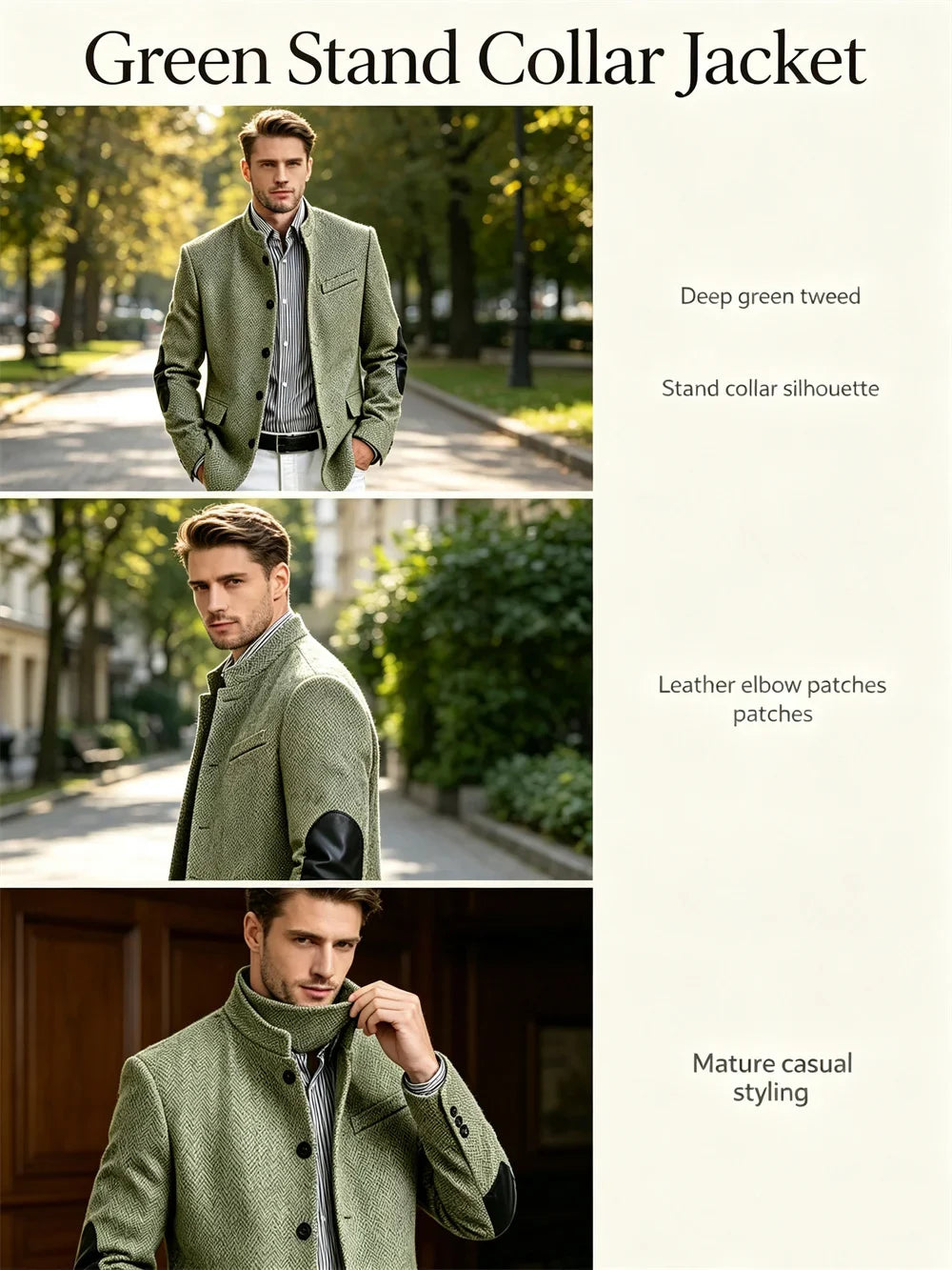 Men's Herringbone Tweed Blazer With Elbow Patches Retro Stand Collar Jacket Slim Fit Daily Party Business Casual Sport Coat ﻿