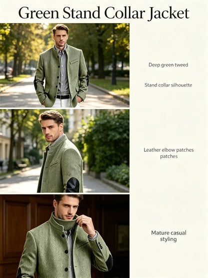 Men's Herringbone Tweed Blazer With Elbow Patches Retro Stand Collar Jacket Slim Fit Daily Party Business Casual Sport Coat ﻿