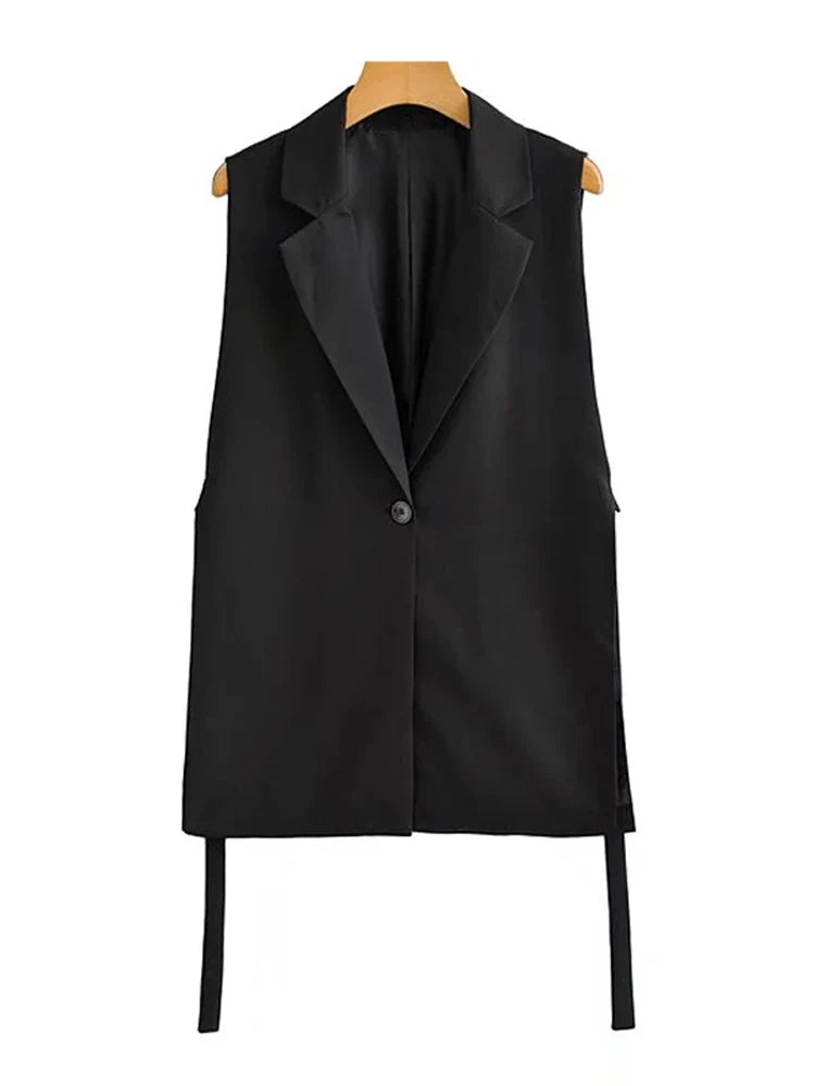 Women Fashion With Taps Side Vents Waistcoat Vintage Sleeveless Front Button Female Outerwear Chic Vest Tops