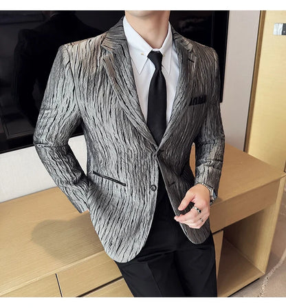 Korean Trend 3D Pleated Suit Jacket for Men Wedding Groom Business Dress Jacket Casual Banquet Party Host Blazer Masculino