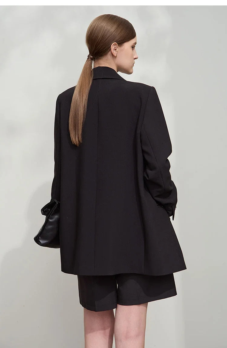 Minimalist Blazer Women 2025 Autumn New Office Lady Turn Down Collar Chain Charm Shoulder Padded Jacket Black Top 12521063