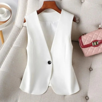 Korean Women Short Blazer Sleeveless Outwear Spring Autumn Female Suit Vest Jacket Ladies V-neck Lined Waistcoat Coat   ﻿