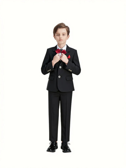 Boys 4Pieces Slim Fit Wedding Birthday Party Outfit Suit Set With Blazer Vest Pants Bowtie Kids Piano Host Performance Costume