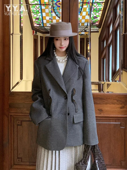 Winter Office Ladies Versatile New Long Sleeve Suit Jacket Loose Fit Notched Single Breasted Fashion Women Casual Blazers Coat