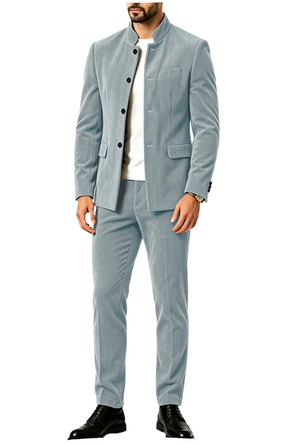 Men's Corduroy 2-Piece Suit – Mandarin Collar Single Breasted Blazer & Pants for Business & Formal Occasions