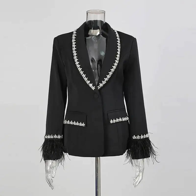 Women Blazer Studded Diamonds Patchwork Cuff Feather Single Button Slim Fit Elegant Jacket High-End Coat New Spring HK11098