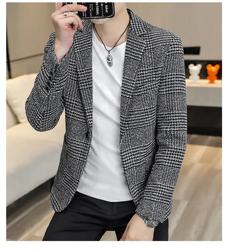 Men's Slim Fit Blazer Single Breasted Plaid Smart Casual Suit Jacket