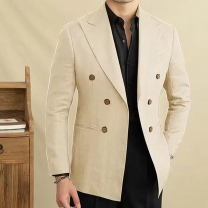 Vintage Men's Linen Blazer Double Breasted Peak Lapel Slim Fit Jacket Breathable Soft Wrinkle Free Business Casual Men Suit Coat