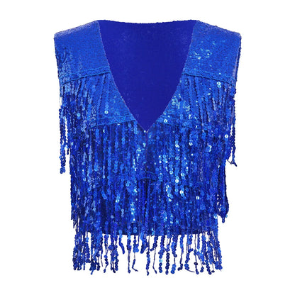 Fashion Sequins Vests Women's Tassel Sleeveless Waistcoat Jazz Dance Costume Shiny Vest 80s Disco Music Festival Party Clubwear