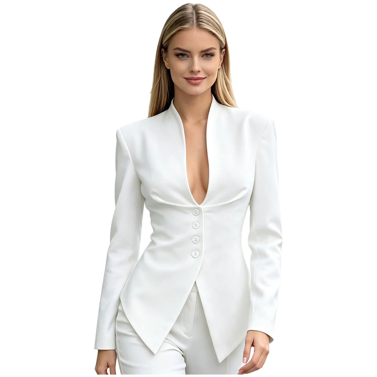 Women Solid Color Blazer V Neck Long Sleeve Padded Shoulders Belted Waist Button Pointed Hem Jacket Coat Office Lady Outerwear
