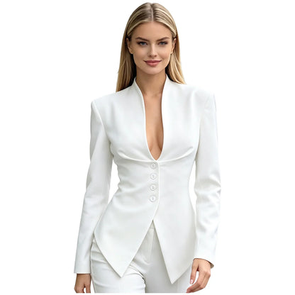 Women Korean Fashion Suits Jacket Button-down Solid Color Blazer Coats Padded Shoulder Pointed Hem Blazers Office Lady Outerwear