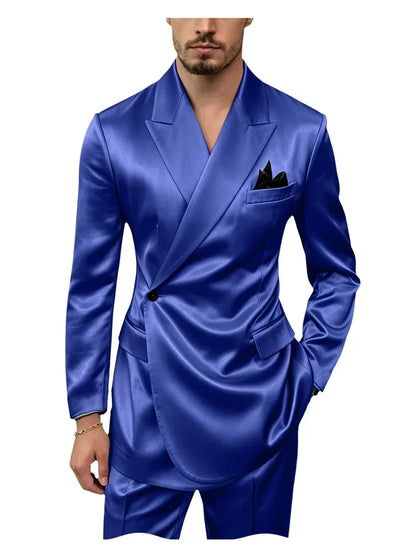 Men's 2 Piece Satin Suit Asymmetrical Wrap Peak Lapel Suit One Button Slim Fit Blazer Pants Wedding Formal Evening Luxury Outfit