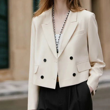 Premium Solid Color Women's Petite Double Breasted Short Blazer 2025 Fall New Arrival High Quality Fashion Office Wear Youthful