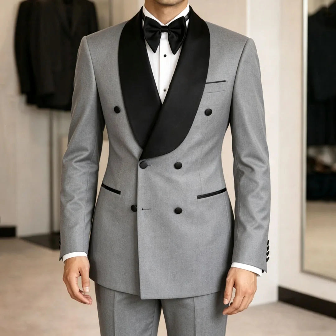 Men Suit Yellow 2 Pieces Double Button With Black Lapel For Wedding Birthday Banquet Party Business Work Office Jacket Pants