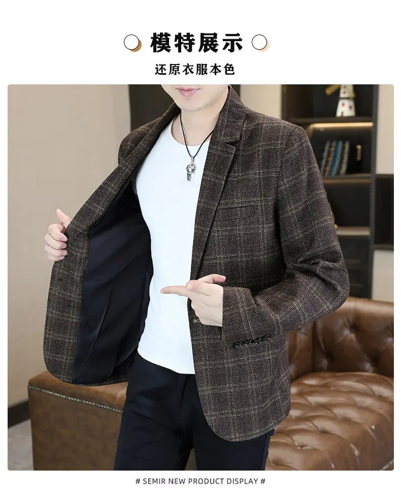 Blazer's New Men's Fashion Outdoor Travel Camping Youth Wedding Hosting Campus Slimming Casual Checkered Korean Version Blazer