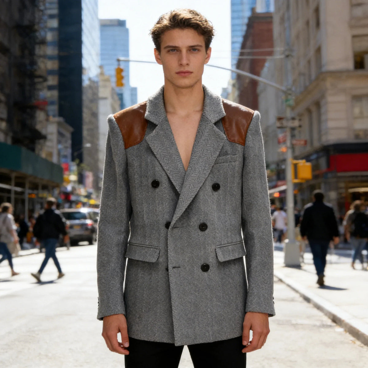 Men's Vintage Herringbone Blazer Contrast Shoulder Patches Double Breasted Wool Blend Suit Jacket Slim Fit Casual Business Coat