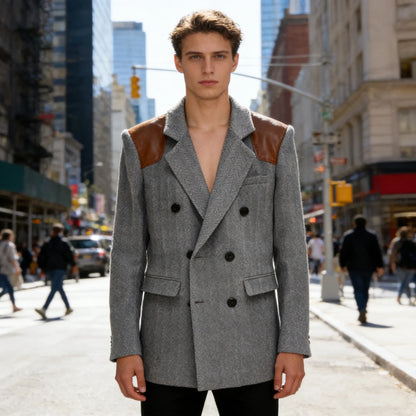 Men's Vintage Herringbone Blazer Contrast Shoulder Patches Double Breasted Wool Blend Suit Jacket Slim Fit Casual Business Coat