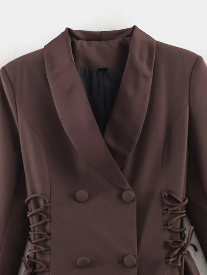 Women Brown Blazer Jacket Y2k 2000s Vintage Bandage Suit Coat Long Sleeve Double Breasted Oversize Outerwear Spring Autumn 2026