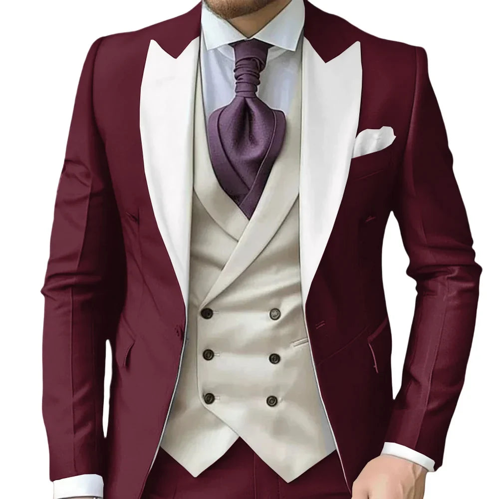 Fashionable Contrast Color Men's Suits 3 Pieces Jacket Vest Pants Dancing Sets Handsome Peak  Lapel Suit Set For Men Party Wear