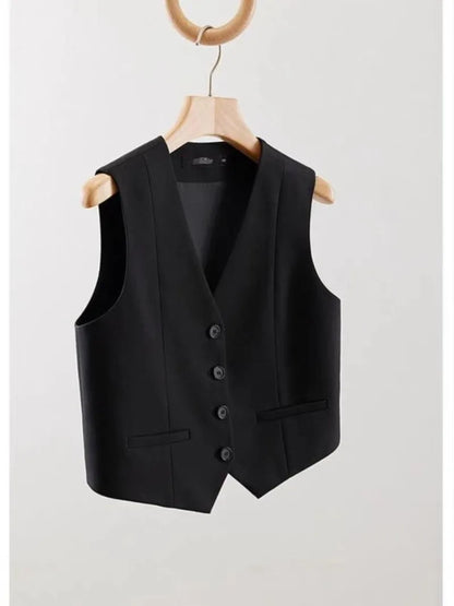 Women Fashion White Black Suit Vest New Short Style Sleeveless Jacket Office Lady V-Neck Casual Lined Blazers Vest Waistcoat