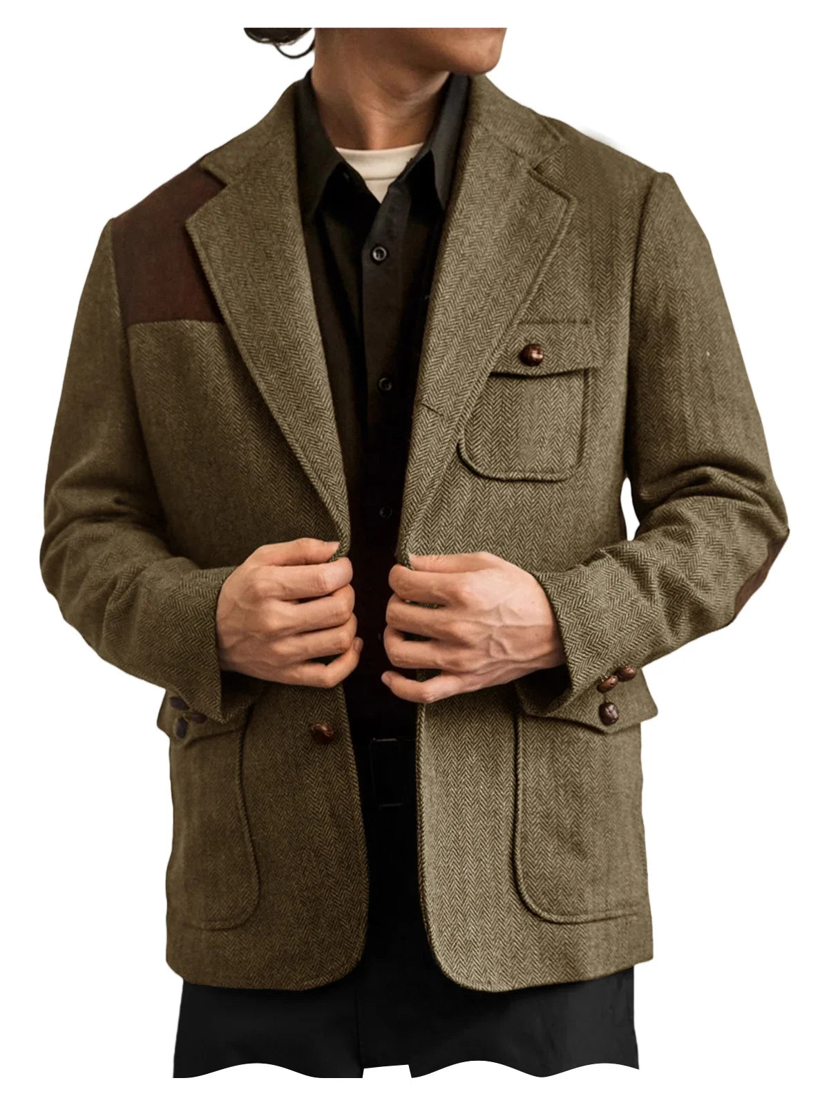 Men's Herringbone Tweed Blazer Shoulder Patchwork Suede Notch Lapel Suit Jacket Classic Fit Casual Business Vintage Sport Coat