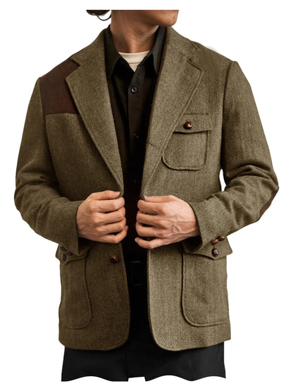 Men's Herringbone Tweed Blazer Shoulder Patchwork Suede Notch Lapel Suit Jacket Classic Fit Casual Business Vintage Sport Coat