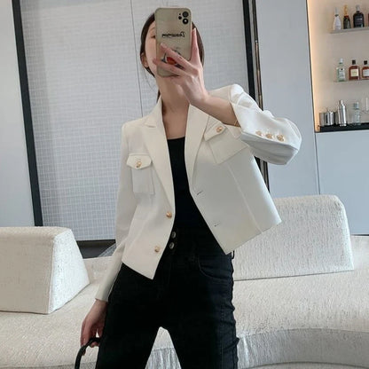 Women's New Petite Short White Suit Jacket Blazer Premium Casual Solid Color Spring Autumn Korean Style Elegant Temperament