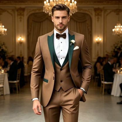 Brown Wedding Men Suits 3 Piece Formal Groom Tuxedos for Prom Party Male Suits Fashion Clothing Set Jacket with Pants Vest