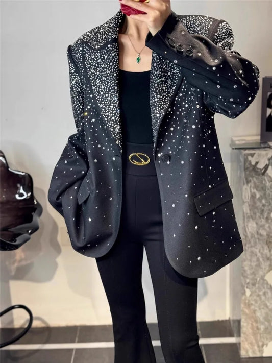 Spring Office Ladies Suit Jacket Fashion Loose Fit Diamonds Design Black Blazers Tops Long Sleeve New Women Elegant Outerwear